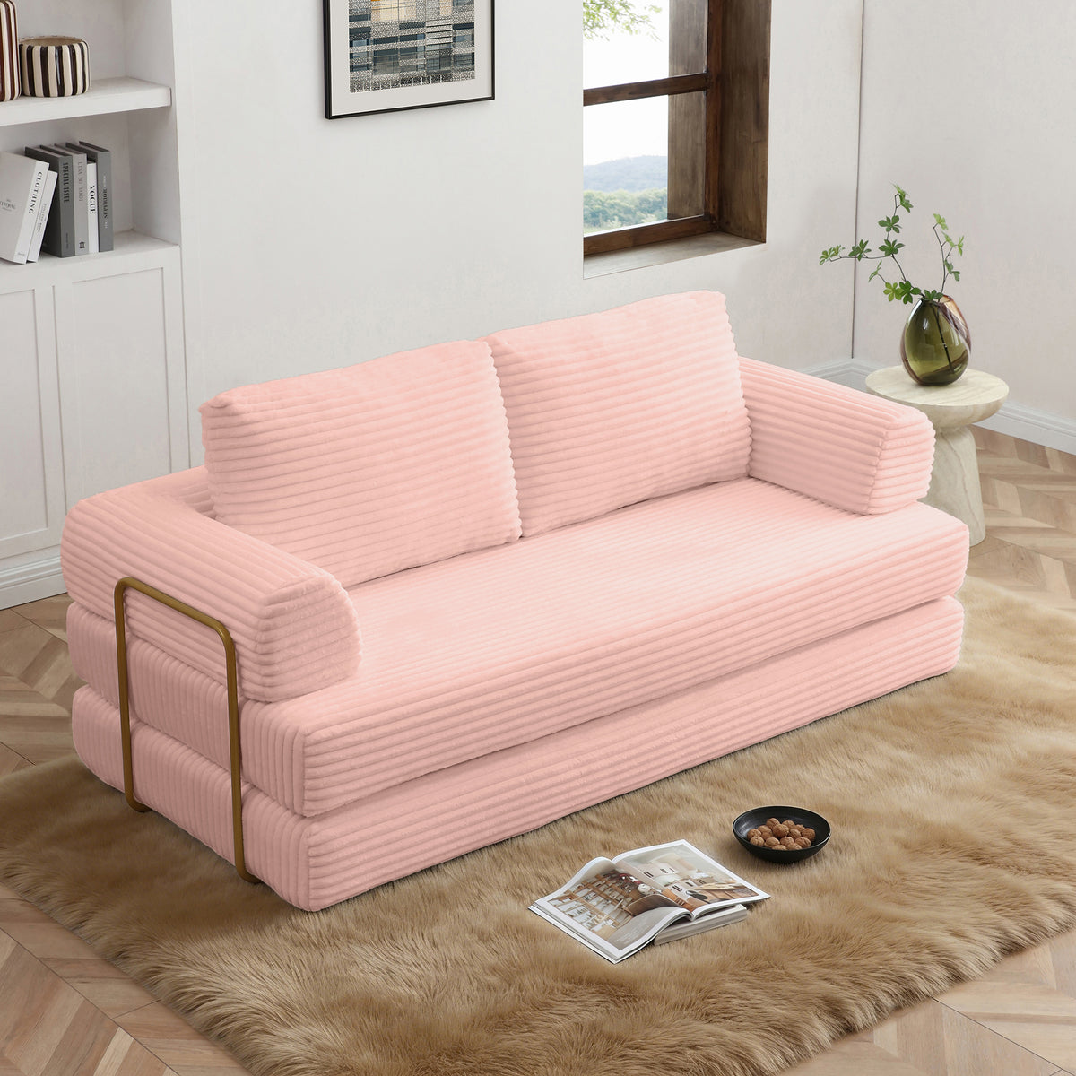 Vanress 79" Folding Convertible Sofa Bed, Boneless Couch with Fixed-Shape Frame, Corduroy Loveseat Sleeper with Pull Out Bed, Floor Sofa Modular Futon Couch for Living Room Bedroom, Green