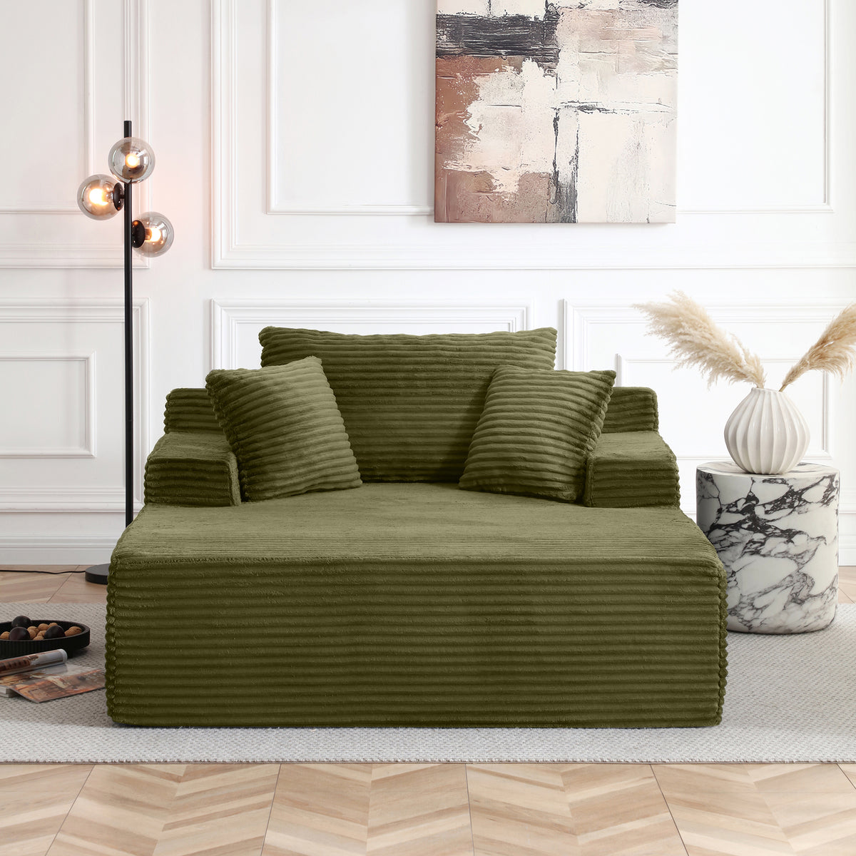 Vanress 56" W Chaise Lounge Chair Indoor, Oversized Corduroy Upholstered Boneless Sofa, Deep Seat Reading Chairs Sleeper Couch, Cloud Sofas Couches for Living Room Bedroom, No Assembly, White