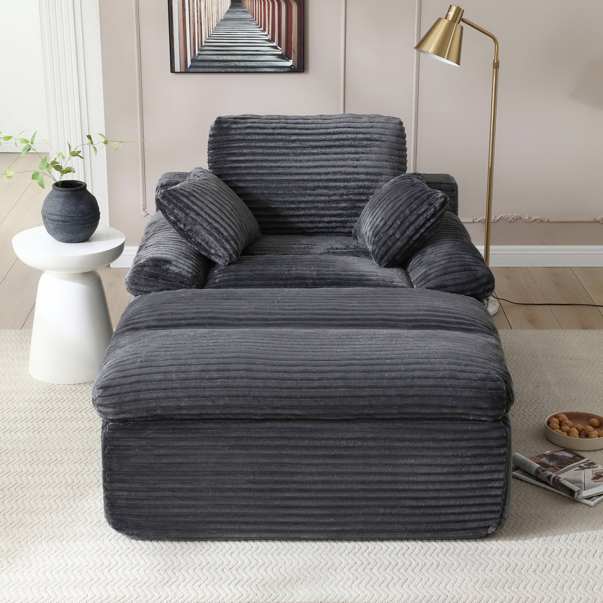 Vanress 70" Chaise Lounge Chair Indoor, Oversized Corduroy Upholstered Boneless Sofa, Deep Seat Reading Chairs Sleeper Couch, Cloud Sofas Couches for Living Room Bedroom, No Assembly, Black