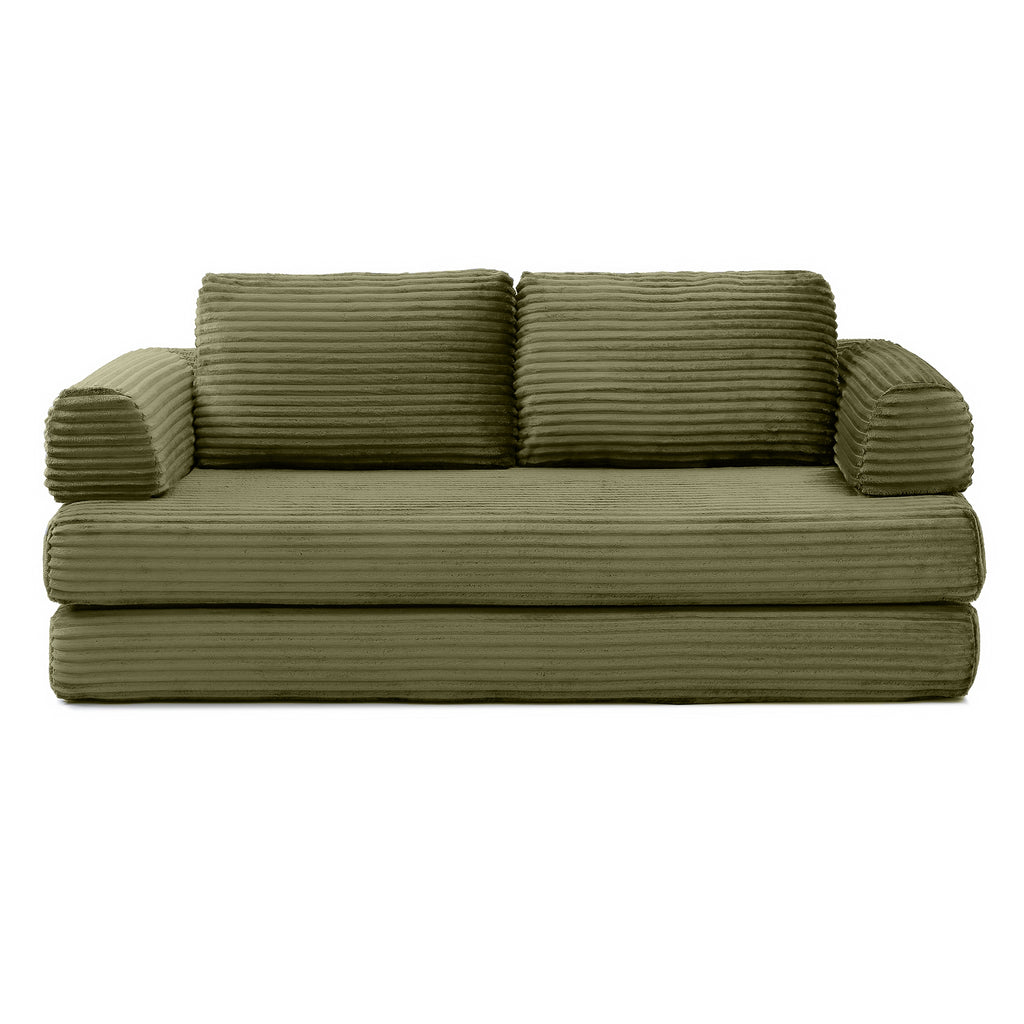 Vanress 79" Folding Convertible Sofa Bed, Boneless Couch with Fixed-Shape Frame, Corduroy Loveseat Sleeper with Pull Out Bed, Floor Sofa Modular Futon Couch for Living Room Bedroom, Green