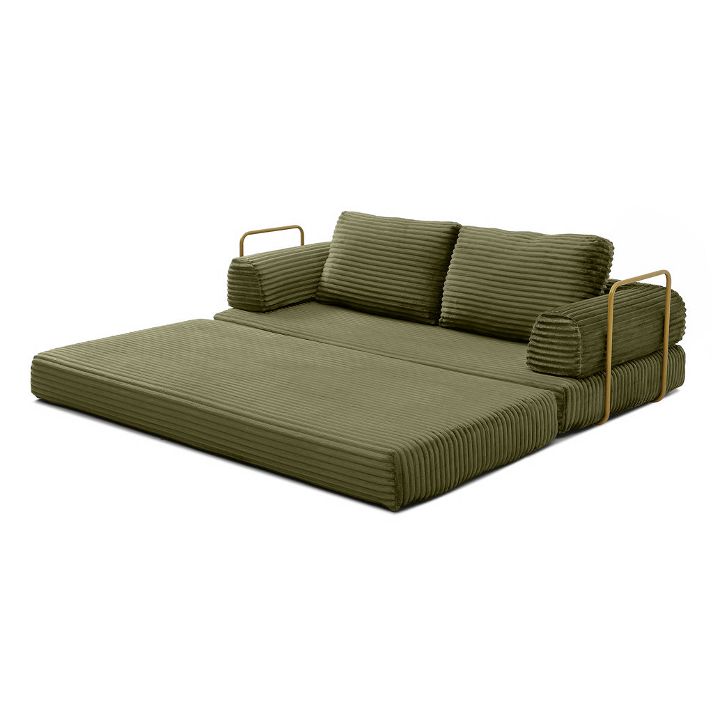 Vanress 79" Folding Convertible Sofa Bed, Boneless Couch with Fixed-Shape Frame, Corduroy Loveseat Sleeper with Pull Out Bed, Floor Sofa Modular Futon Couch for Living Room Bedroom, Green